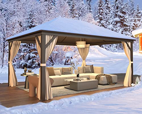MELLCOM 10'x13' Hardtop Gazebo with Netting and Curtains Dark Brown