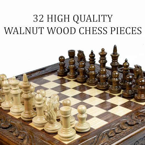 HandCraftoria Large Handmade Wooden Chess Set with Storage Brown