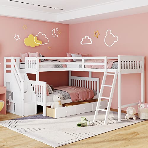DRELOFT L-Shaped Twin Bunk Bed with Storage Drawers White
