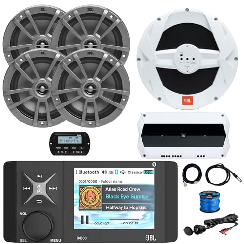 Enrock Marine 4" Color LCD Bluetooth Stereo Receiver with 4x 6.5" Speakers, 10" Subwoofer, 4-Channel Amplifier & Antenna Gray