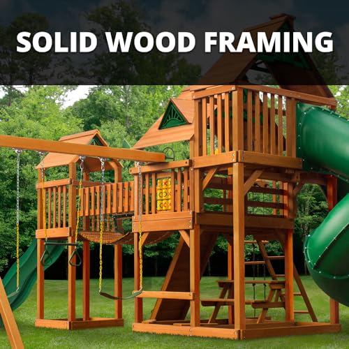Gorilla Playsets Treasure Trove II Wood Swing Set with Green Vinyl Canopy, Clatter Bridge & 3 Slides Amber