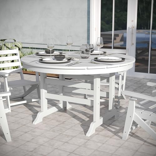 EMMA + OLIVER Arcata 5-Piece Indoor-Outdoor Adirondack Dining Set, 48" Round Table & 4 Chairs with Cupholders, White