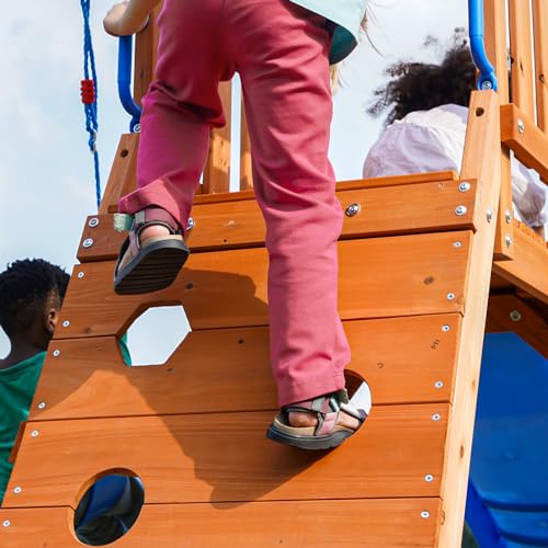 DOLPHIN PLAYGROUND T Wooden Swing Set with Slide and Sandbox for Ages 2-6