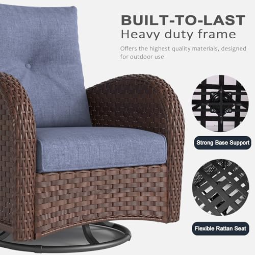 LayinSun 10-Piece Outdoor Patio Furniture Set with Fire Pit Table and Rattan Wicker Swivel Rocker Chairs Brown/Navy Blue