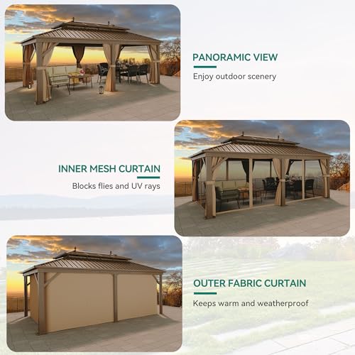 YITAHOME 12x20 ft Hardtop Gazebo with Nettings and Curtains Bronze