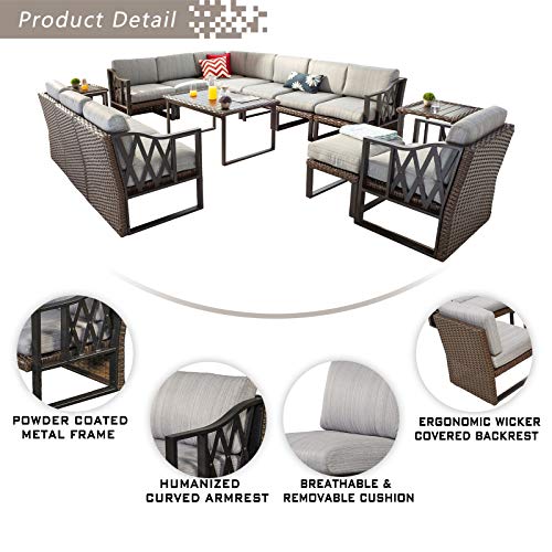 Festival Depot 15Pc Outdoor Patio Conversation Set with Sectional Corner Sofa, Wicker Ottoman, Metal Frame, and Grey Cushions