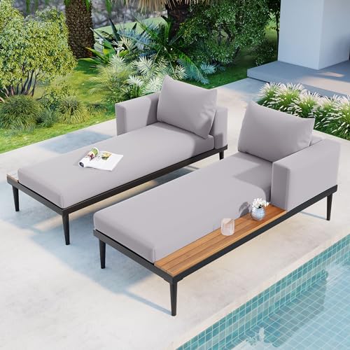 Merax Outdoor Patio Daybed with Wood Topped Side Spaces Grey