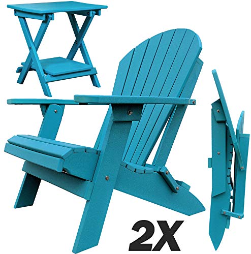 DuraWeather Poly Classic King Size Folding Adirondack Chairs & End Table with Serving Tray Aruba Blue