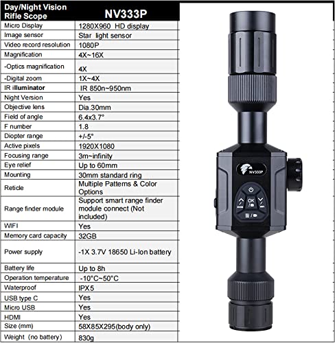 Hawk Scope NV333P Day/Night 1080p Video Vision Rifle Scope Black