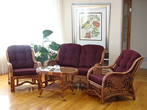 SunBear Furniture Lounge Malibu Loveseat Sofa ECO Natural Rattan Wicker Handmade Cream Cushions Cognac