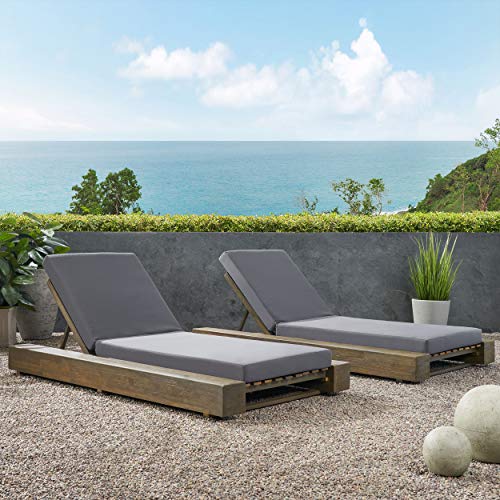 Great Deal Furniture Outdoor Acacia Wood Chaise Lounge Set of 2 Sandblast Gray Finish, Dark Gray