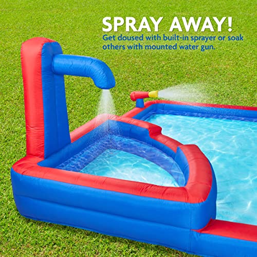 SUNNY & FUN Four Corner Inflatable Water Slide Park with Climbing Wall & Deep Pool Blue/Red