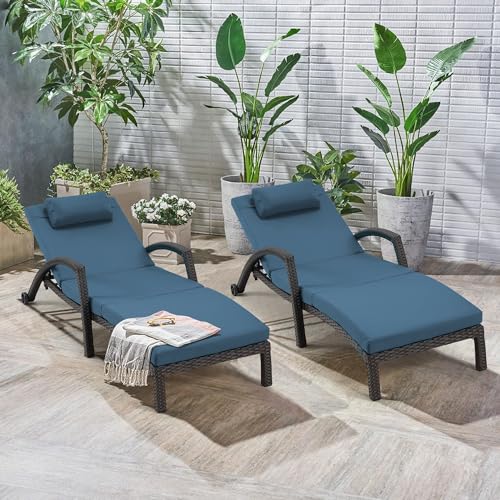 HOMREST Chaise Lounge Chairs Set of 4 PE Rattan Wicker Adjustable Dark Blue