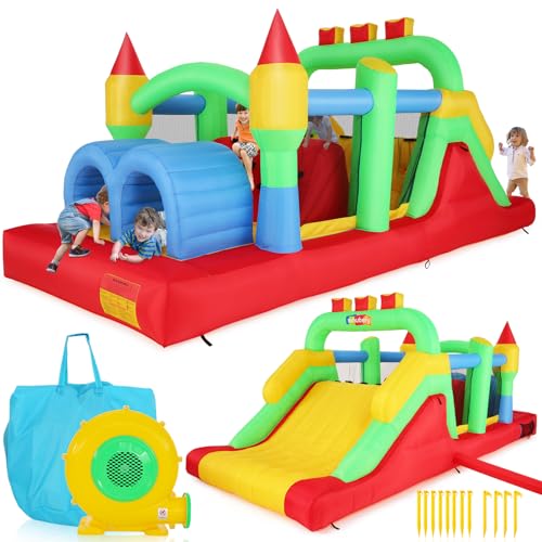 Whubefy Inflatable Bounce House Obstacle Course with Blower Red/Yellow/Blue/Green