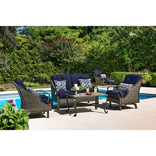 Hanover Ventura Outdoor 4-Piece Patio Furniture Set with Loveseat, 2 Rocking Chairs, Navy Cushions and Ceramic Tile Coffee Table Navy