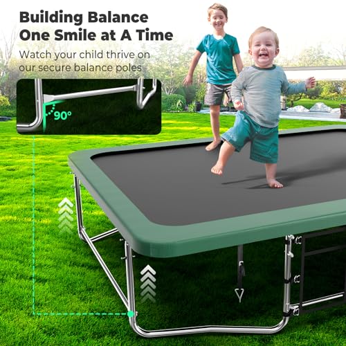 Lyromix 14FT Outdoor Rectangle Trampoline with Curved Poles, Light, Sprinkler & Soccer Set Field Green