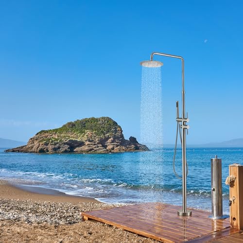 RBROHANT Freestanding Outdoor Shower Nickel, Height Adjustable Outside Showers for Backyard Garden Pool Beach, Outdoor Shower Fixtures with 10” Rain Shower Head and Handheld, Brushed Nickel