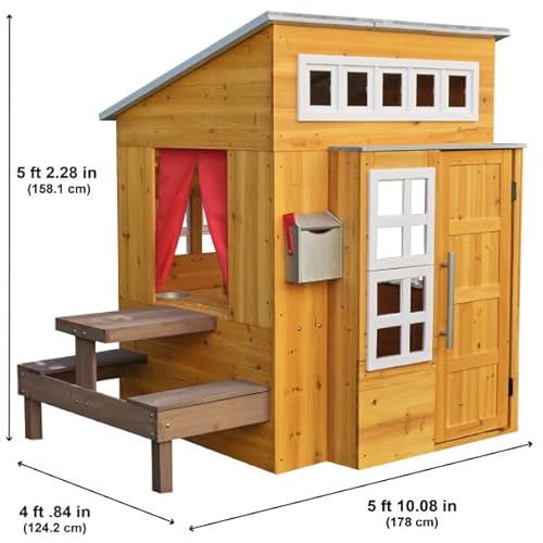 KidKraft Modern Outdoor Wooden Playhouse with Picnic Table, Mailbox, Grill Natural
