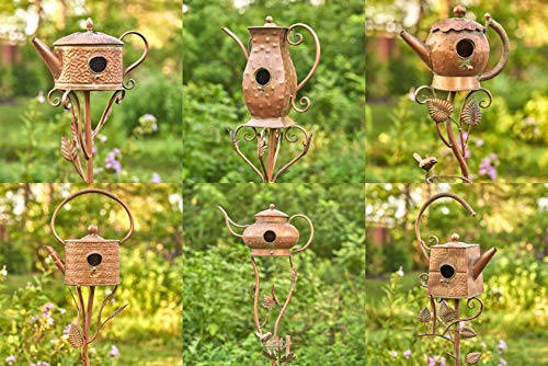 Zaer Ltd. Copper Colored Teapot Birdhouse Garden Stakes Set of 6