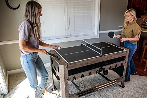 Triumph 56” 4-in-1 Swivel Multi-Game Table - Air Hockey, Billiards, Foosball, Ping Pong - Rustic Wood Grain Finish Brown
