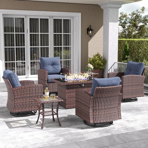 LayinSun 7-Piece Patio Furniture Set with Swivel Chairs and Fire Pit Table Brown/Navy Blue