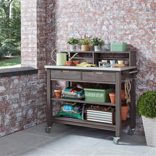 Afuera Living Traditional Wood Potting Bench with Steel Top Grey