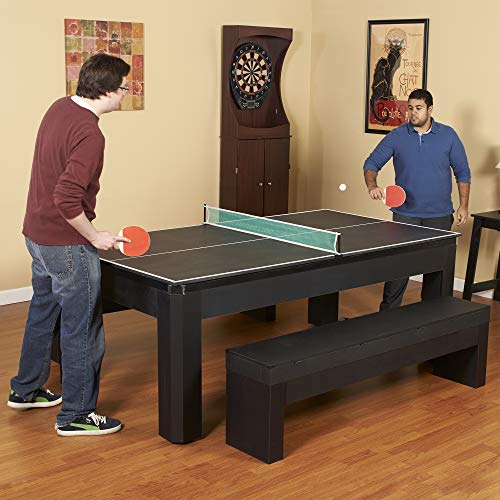 Hathaway Park Avenue 7-ft Pool Table Tennis Combination with Dining Top, Two Storage Benches - Black and Red Felt