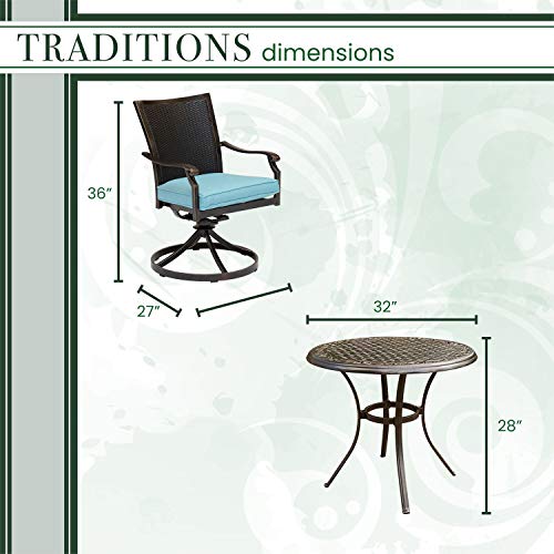 Hanover Traditions 3-Piece Patio Bistro Set with Cushioned Wicker Back Rocker Chairs and Round Table Blue