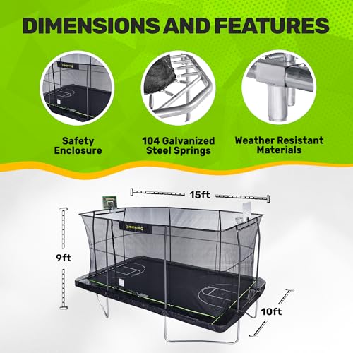 JumpKing Rectangle Trampoline with Basketball Hoops Black & Lime Green