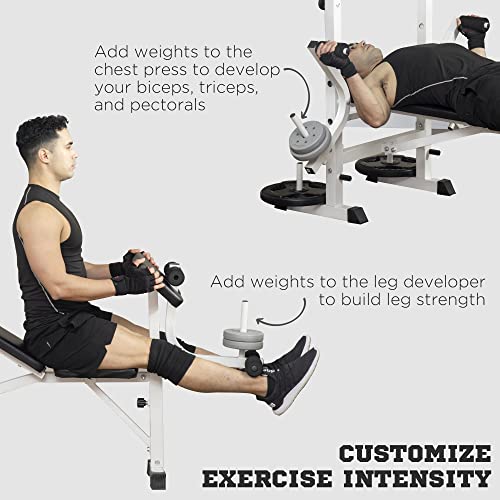 Soozier Adjustable Weight Bench with Squat Rack, Preacher Curl Pad, Leg Developer, Butterfly and Weight Storage Black and White