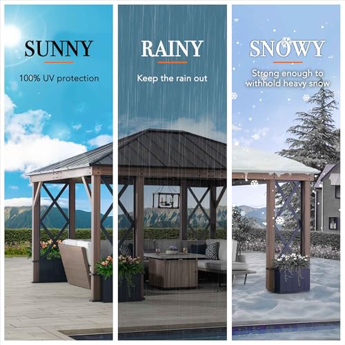 SummerCove Hardtop Gazebo 13ft x 15ft Black Steel Roof with Planters and Ceiling Hook