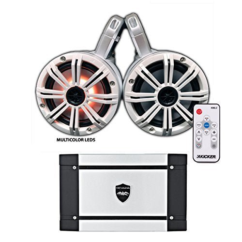 KICKER Marine Wake Tower System with 6.5" LED Speakers, LED Remote & Wet Sounds HT-4 Amp LED White
