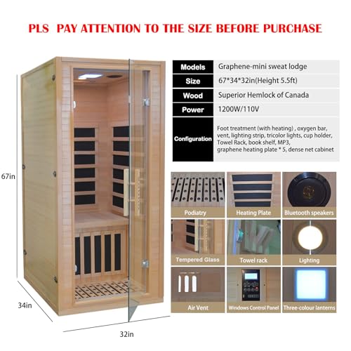 Homsido Infrared Home Sauna Room 1 Person Hemlock Wooden Indoor Sauna Spa