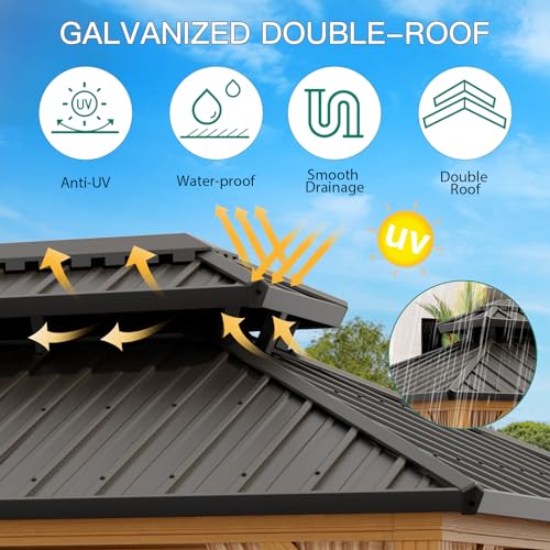 GarveeLife 10x12ft Double Roof Hardtop Gazebo with Netting and Curtains Wood Grain