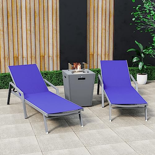 LeisureMod Marlin Grey Aluminum Outdoor Chaise Lounge Set with Fire Pit Table Navy Blue