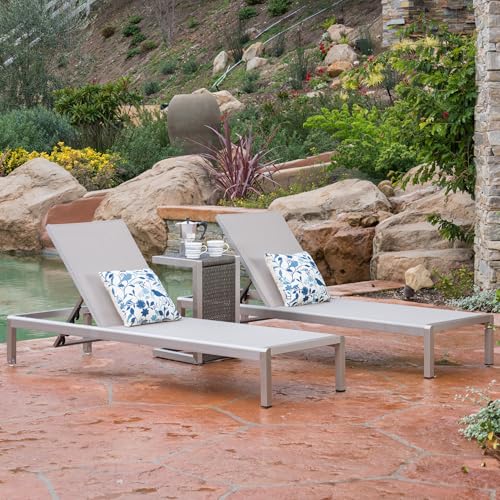 Christopher Knight Home Cape Coral Outdoor Mesh Chaise Lounge Set with Wicker End Table Gray + Silver
