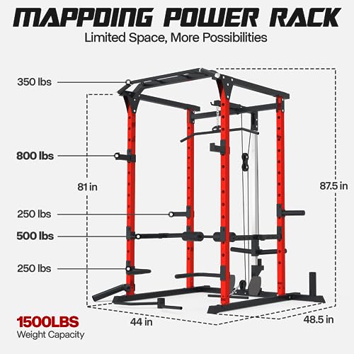 Mappding Power Cage with LAT Pulldown, Multi-Functional Squat Rack Red