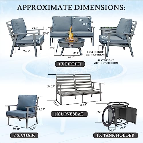 LeisureMod Walbrooke Modern Aluminum 5-Piece Patio Conversation Set with Firepit Navy Blue