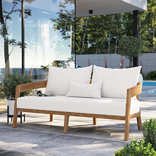 Modway Brisbane Modern Teak Wood Fabric Patio Loveseat Natural White