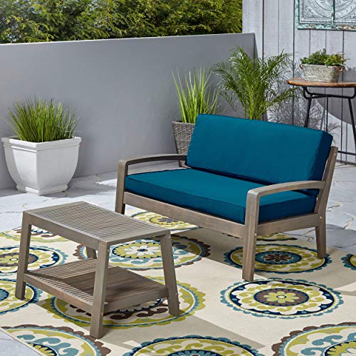Great Deal Furniture Acacia Wood Loveseat and Coffee Table Set for Patio Gray Finish with Teal Cushions