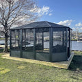 ZJBFXY88 13x13 FT Octagonal Sunroom Gazebo with Lockable Sliding Door Dark Gray