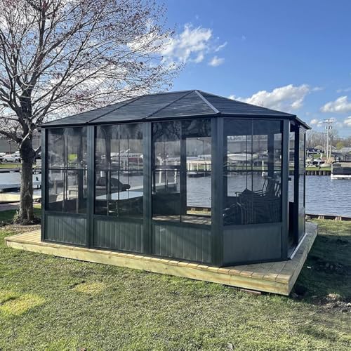 ZJBFXY88 13x13 FT Octagonal Sunroom Gazebo with Lockable Sliding Door Dark Gray