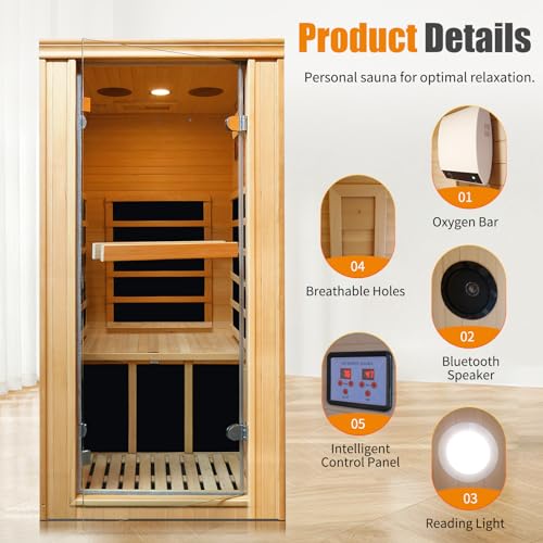 RIGO 1-Person Infrared Sauna Hemlock Wood with Bluetooth & LED Control 980W