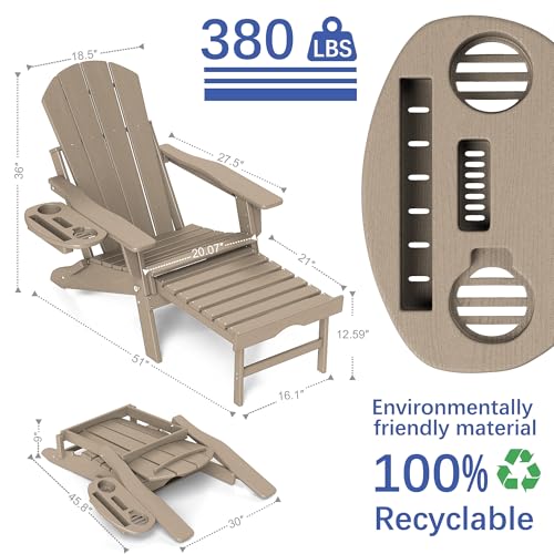 FOOWIN Adirondack Chair with Retractable Ottoman, Adjustable HDPE Folding Chair Set of 4, All-Weather Resistant, Brown