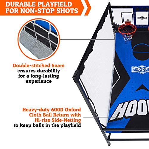 Hall of Games Indoor Arcade Basketball Games Multiple Styles 2-Player Arcade Scoring Display with Rubber Basketball Set 88" Tall Steel Cage Extra Wide Game (W/Poly Backboard)