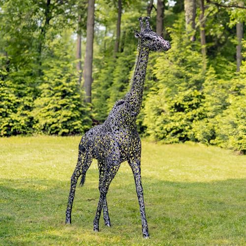Zaer Ltd. 9 Ft Tall Mommy & 7 Ft Tall Baby Giraffe Iron Garden Statues Metallic Black and Silver
