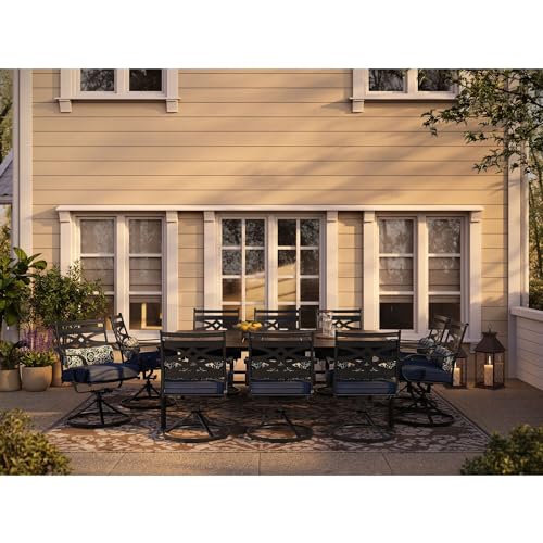 Hanover Montclair 11-Piece Patio Dining Set with 10 Swivel Rocker Chairs and Lumbar Pillows Navy Blue