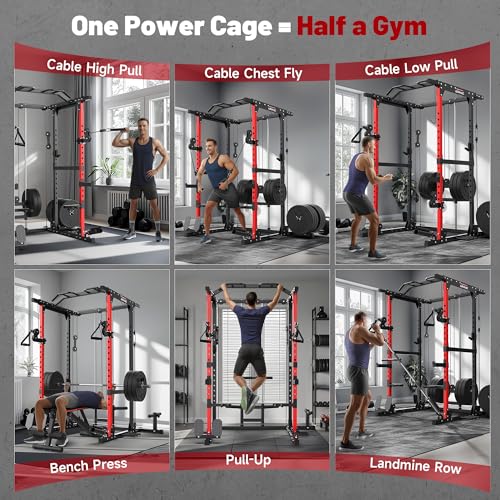 ARMAC 1500lbs Multi-Function Power Rack with Adjustable Cable Crossover Black+Red 01