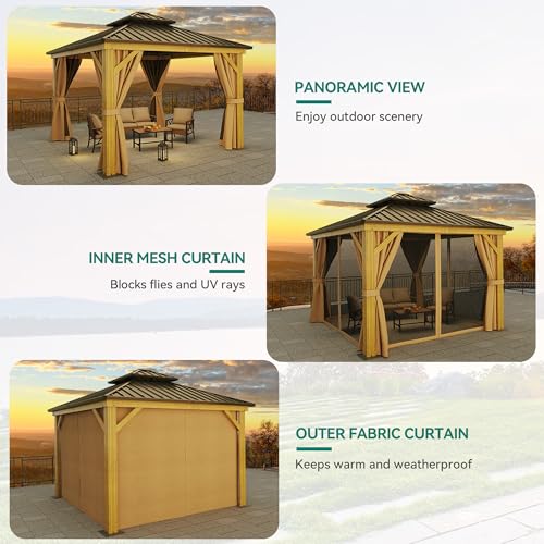 YITAHOME 10x10ft Hardtop Gazebo with Netting and Curtains, Brown