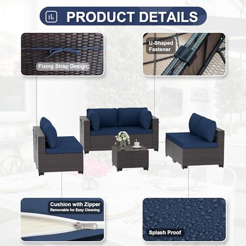 Kurapika 7-Piece Rattan Wicker Patio Furniture Set with Cushions and Glass Coffee Table Navy Blue